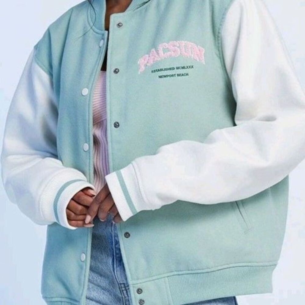 PacSun Newport Beach Varsity Jacket Womens XS/S Mint Green Ivory Oversized